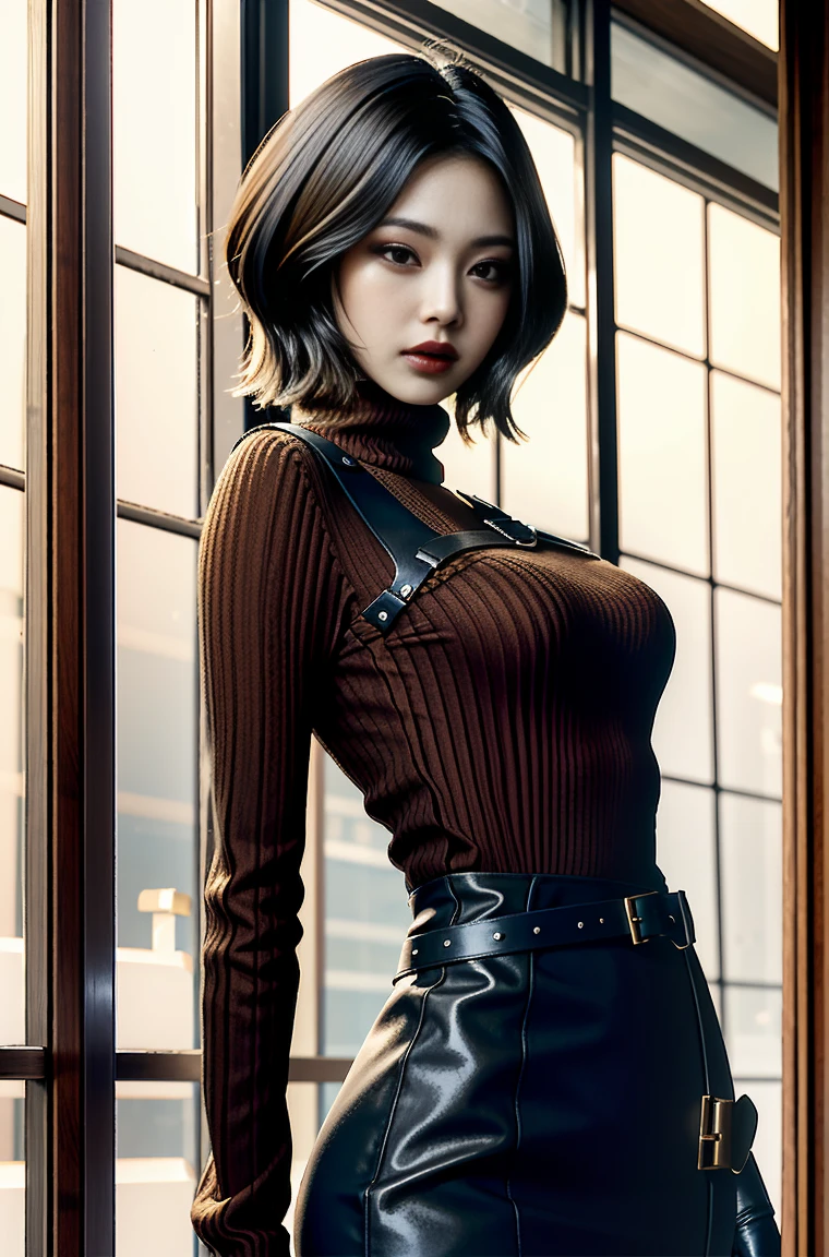 (Masterpiece, Best Quality)
AdaWongRE,  1 girl, Alone, old, looking at the viewer, short hair, large old, black fur, gloves, Brown eyes, multicolor fur, belt, two tone hair, sweater, lips, mono, make up, lipstick, ribbed sweater, realist
