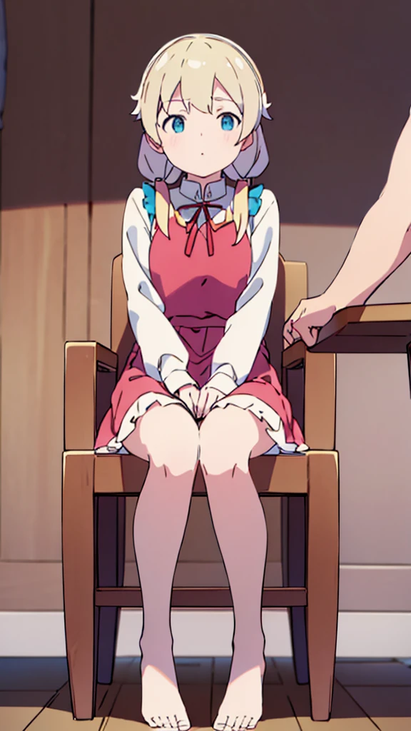 ((masterpiece))((Highest quality))Sitting in a chair、Blonde twin tails、(So that your whole body can be seen)、Directly in front、No background、(Put your feet on the ground)