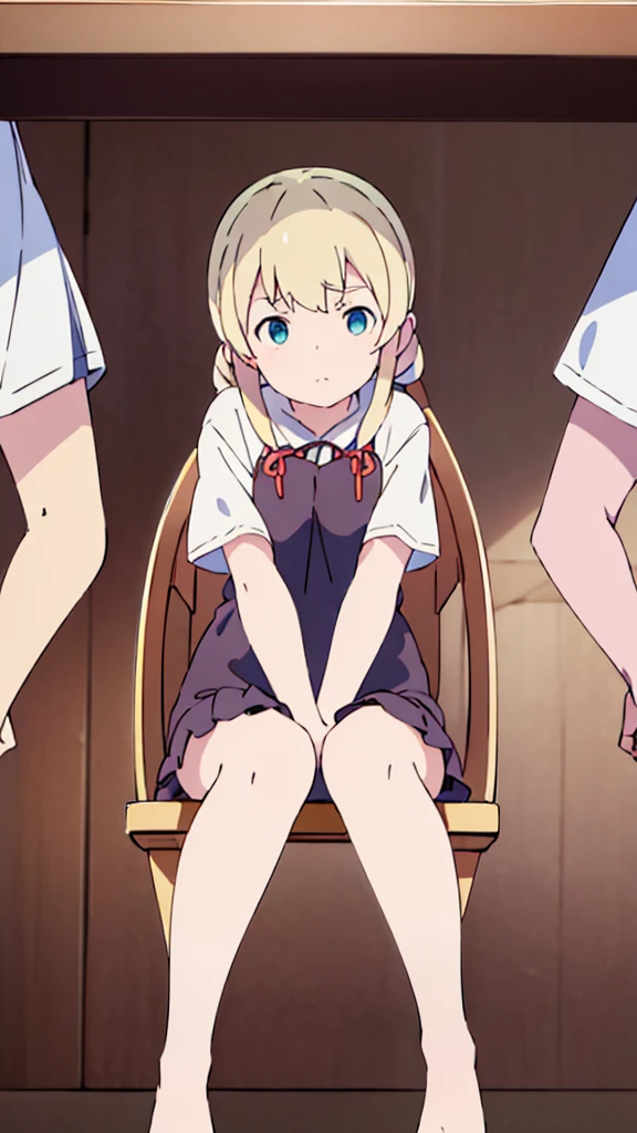 ((masterpiece))((Highest quality))Sitting in a chair、Blonde twin tails、(So that your whole body can be seen)、Directly in front、No background、(Put your feet on the ground)