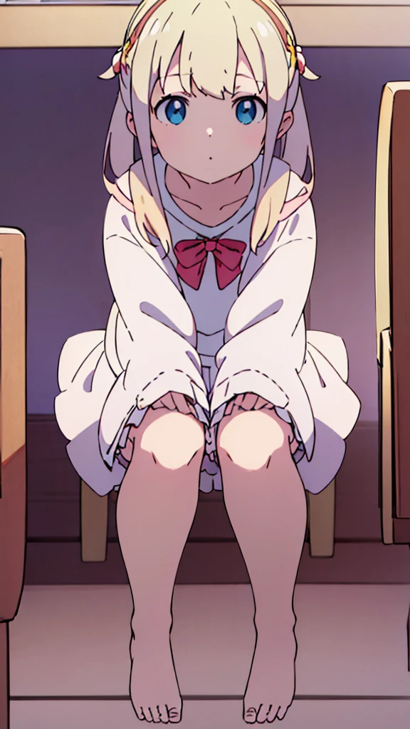 ((masterpiece))((Highest quality))Sitting in a chair、Blonde twin tails、(So that your whole body can be seen)、Directly in front、No background、(Put your feet on the ground)