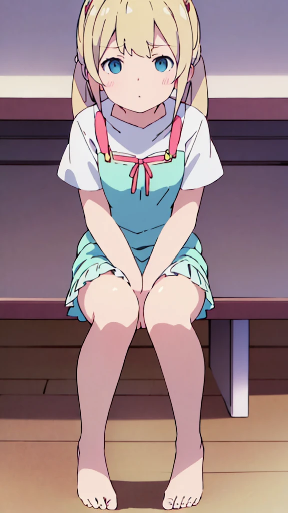 ((masterpiece))((Highest quality))Sitting in a chair、Blonde twin tails、(So that your whole body can be seen)、Directly in front、No background、(Put your feet on the ground)