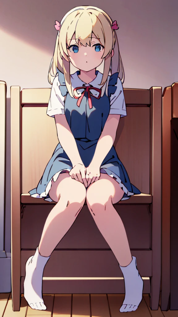 ((masterpiece))((Highest quality))Sitting in a chair、Blonde twin tails、(So that your whole body can be seen)、Directly in front、No background、(Put your feet on the ground)