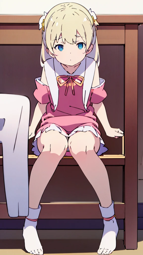 ((masterpiece))((Highest quality))Sitting in a chair、Blonde twin tails、(So that your whole body can be seen)、Directly in front、No background、(Put your feet on the ground)