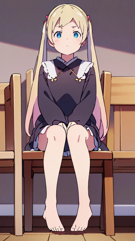 ((masterpiece))((Highest quality))Sitting in a chair、Blonde twin tails、(So that your whole body can be seen)、Directly in front、No background、(Put your feet on the ground)