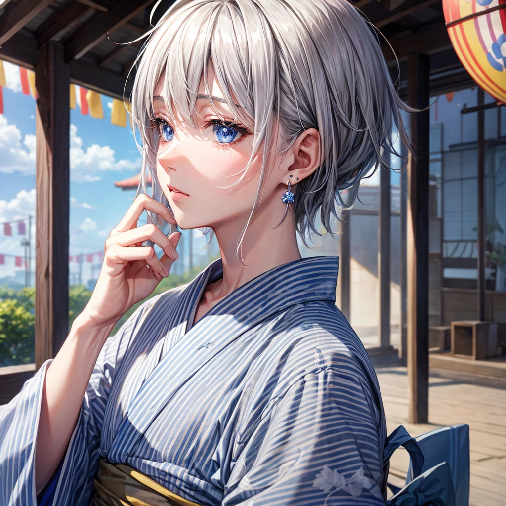 Gray Hair、blue eyes、boy、Earrings、Beautiful Boy、yukata、festival