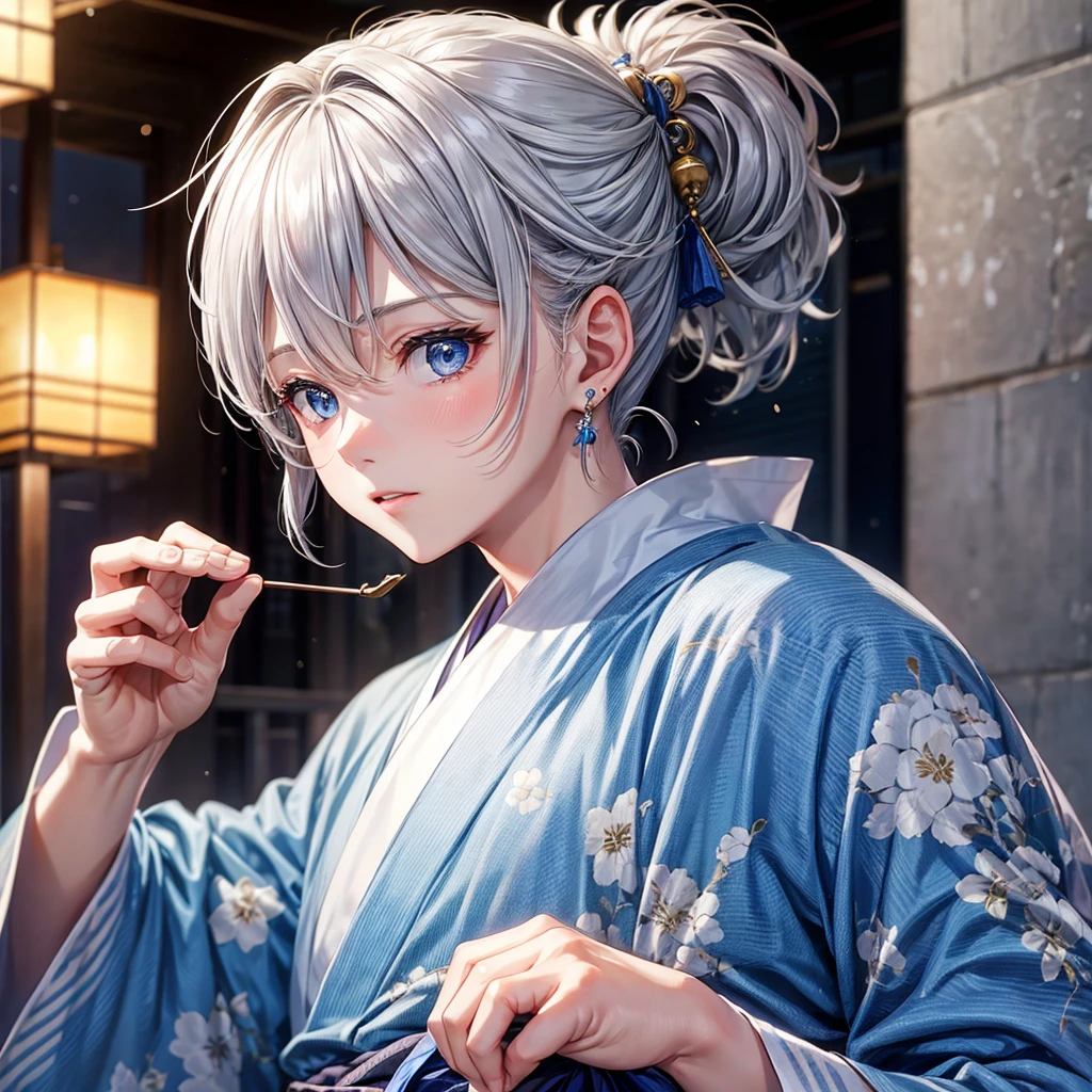 Gray Hair、blue eyes、boy、Earrings、Beautiful Boy、yukata、festival
