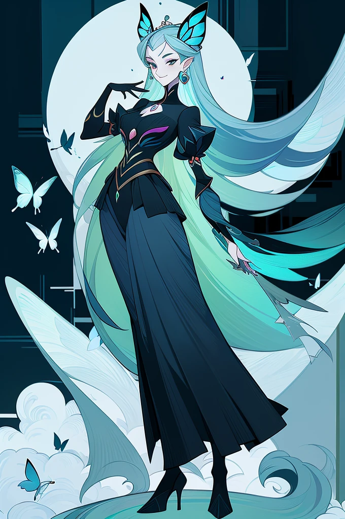 (1 Anthropomorphism of butterflies), (standing full-body), (Full body standing painting), 1 Princess,(standing full-body),solo, long skirt,character design, fanciful, tmasterpiece,top Quority,best qualtiy,ultra high resolution,Exquisite facial features
