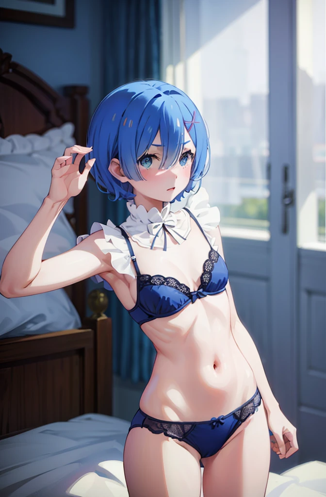 In underwear、Blushing、Blue Hair、Random pose、、short hair、On the bed、In underwear、Random pose、Glamorous expression、