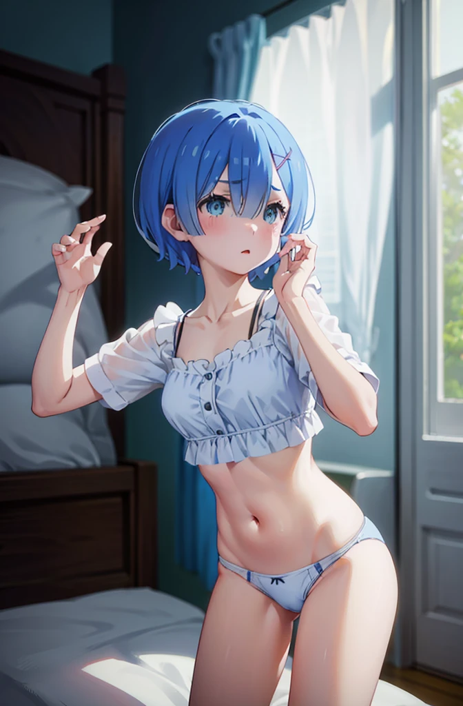 In underwear、Blushing、Blue Hair、Random pose、、short hair、On the bed、In underwear、Random pose、Glamorous expression、