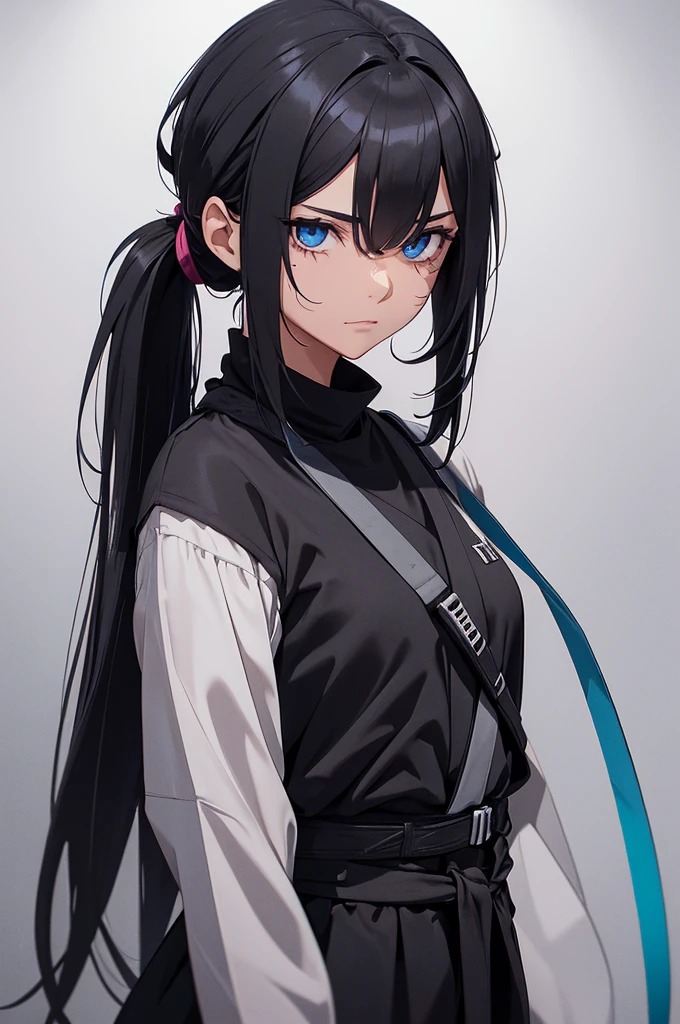 It has a common female body, nothing too exaggerated, but also not tabua, far away, typically tied in a ponytail, but it also has a little covering the right eye, being bluish-black in color. Right eye is green and left eye is blue, having a knife scar on his right eye. fully body