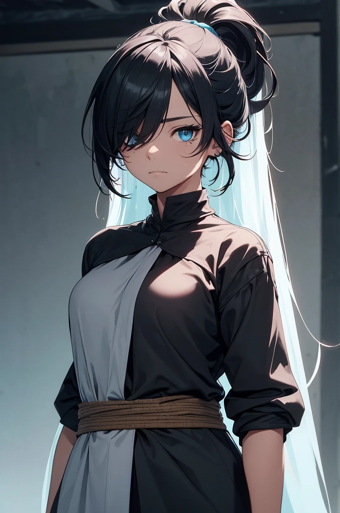 It has a common female body, nothing too exaggerated, but also not tabua, far away, typically tied in a ponytail, but it also has a little covering the right eye, being bluish-black in color. Right eye is green and left eye is blue, having a knife scar on his right eye. fully body