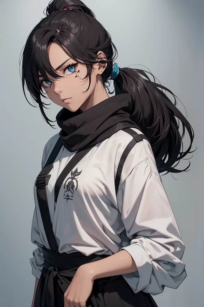 It has a common female body, nothing too exaggerated, but also not tabua, far away, typically tied in a ponytail, but it also has a little covering the right eye, being bluish-black in color. Right eye is green and left eye is blue, having a knife scar on his right eye. fully body