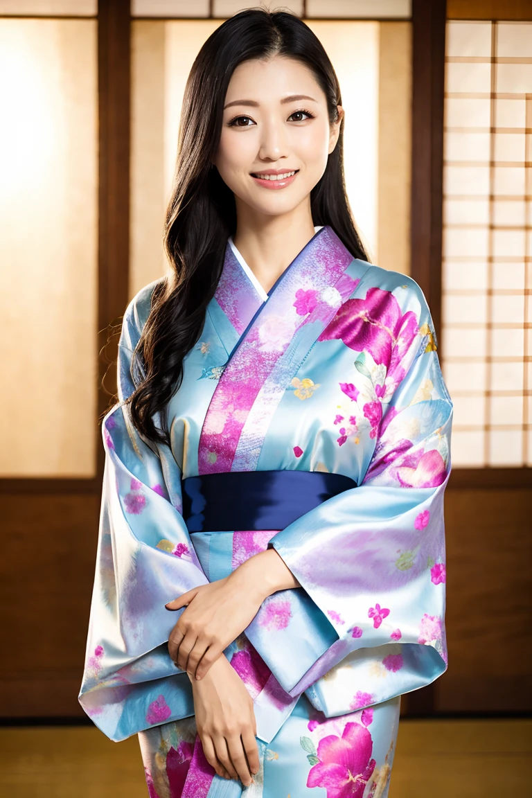 (Highest quality、Tabletop、8K、Best image quality、Award-winning works)、(One beautiful mature woman:1.1)、(Innkeeper:1.1)、(Elegant floral kimono:1.2)、 kimono with a perfect and precise collar:1.2)、Perfect mature woman portrait photo、Glowing Skin、Standing Elegantly、(Blurred elegant and exquisite perfect Japanese style room background:1.3)、(The most natural and perfect tidy Japanese style room background:1.2)、Glowing White Skin、Very white skin、(Accentuate your body lines:1.1)、(The most graceful posture:1.2)、(Large Breasts:1.2)、Smiling with perfect beautiful teeth