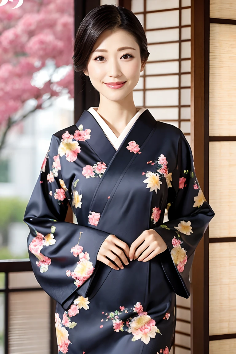 (Highest quality、Tabletop、8K、Best image quality、Award-winning works)、(One beautiful mature woman:1.1)、(Innkeeper:1.1)、(Elegant floral kimono:1.2)、 kimono with a perfect and precise collar:1.2)、Perfect mature woman portrait photo、Glowing Skin、Standing Elegantly、(Blurred elegant and exquisite perfect Japanese style room background:1.3)、(The most natural and perfect tidy Japanese style room background:1.2)、Glowing White Skin、Very white skin、(Accentuate your body lines:1.1)、(The most graceful posture:1.2)、(Large Breasts:1.2)、Smiling with perfect beautiful teeth