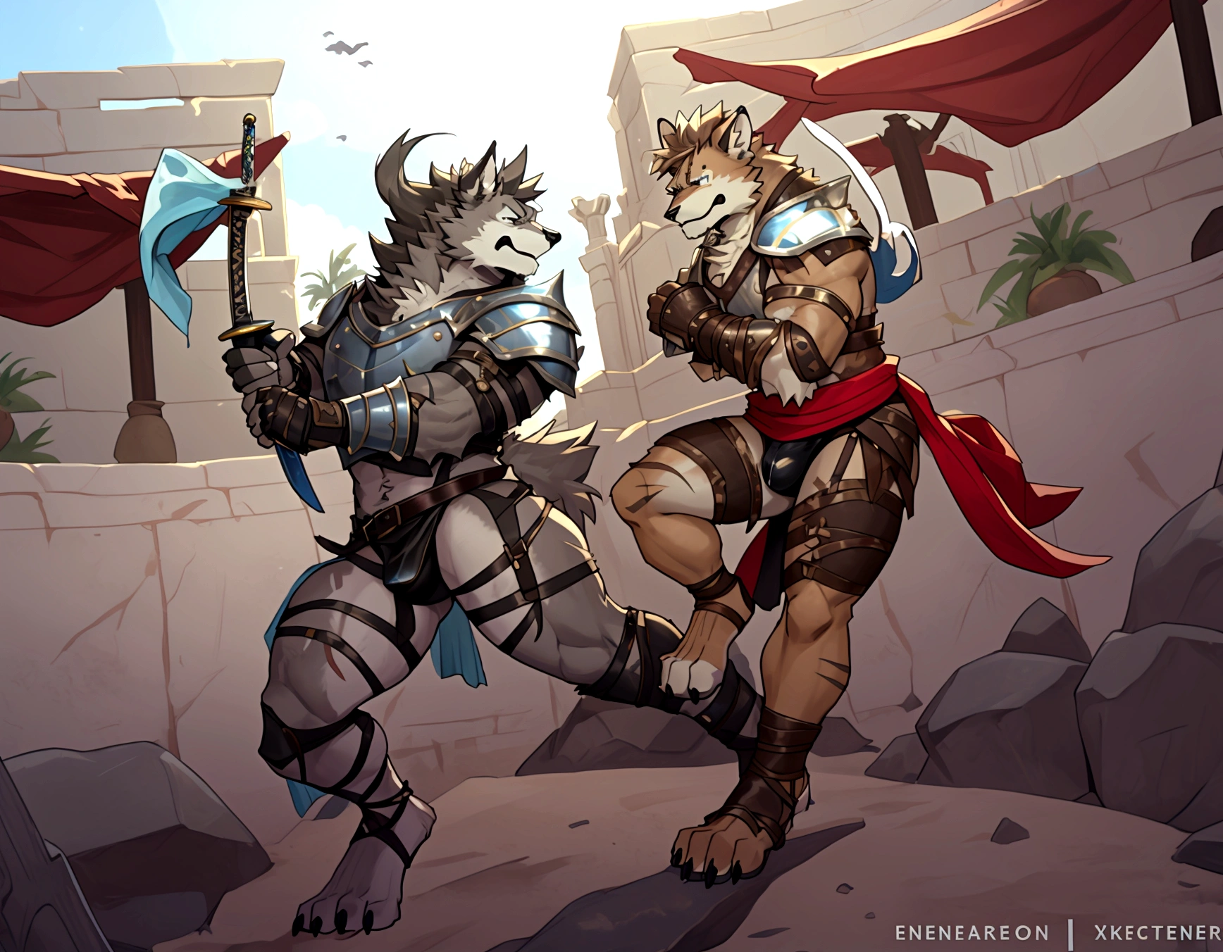 Couple of Sexy young anthro furry wolfes male mercenary gladiators, slim endomorph muscular, handsome gay model male apperance, they are fighting with swords on desert ancient arena, sword duel, angry anger look, rage, sword scars, worn out leather skimpy armament, low on hips heavy leather belt, old very worn out skimpy dirty linen material jockstrap, old yellow dirty worn out stains on white sawn jockstrap, very visible "x" brown seam pattern on the jockstrap, studded skimpy armlets breastplate armor, skimpy breastplate, leather bondages, fingerless leather gloves, smelly unwashed furr, dirty body look, both of them hold sword in hand, proffesional abathomt, correct anathomy, five fingers, correct muscules building, correct sword hold in hand,