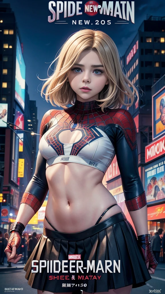 Chloe Grace Moretz、マーベルコミックの映画Poster、so beautiful、Movies about Spider-Man、sexy、whole body、Wearing a skirt、Premiere Date、Poster、belly buttonを突き出す、new york、She's wearing a ripped Spiderman suit、The suit is torn、Wearing a skirt、Red and black color scheme、dynamic、masterpiece、Highest quality、Super detailed、Very detailed、Delicate and beautiful shine、Ultra-high resolution、Cinematic、break、breakドロップ、(Torn clothes:1.5)、(Wet clothes:1.4)、Bare shoulders、Real Rain、Wet Hair、belly button、Exposed Skin、sexyな肩を披露