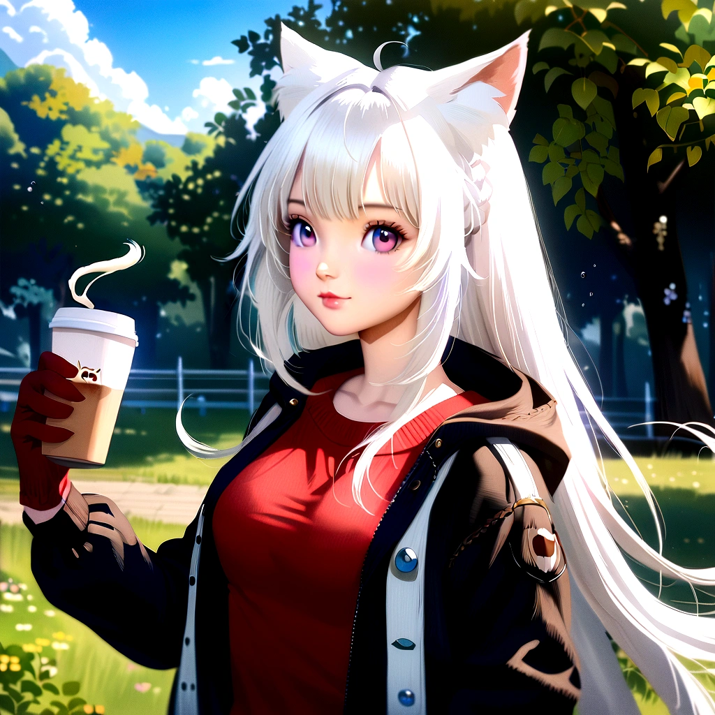anime girl with white hair holding a cup of coffee, anime girl with cat ears, beautiful anime catgirl, very beautiful anime cat girl, cute anime catgirl, white cat girl, anime catgirl, anime cat, very beautiful cute catgirl, girl with cat ears, anime girl drink coffee, realistic anime artstyle, attractive cat girl