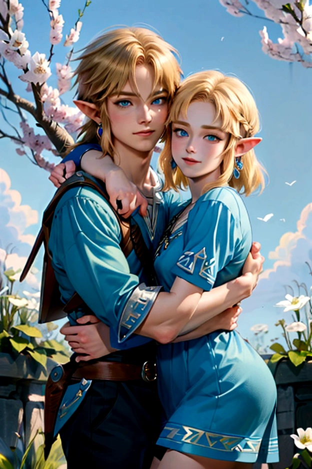 ((artwork)), (Highest quality), (detailed), ((1 boy)), (Link to the Legend of Zelda), smile, A short-haired, blue-eyed boy and a long-haired, blonde girl are hugging each other, Spring season, Bright colors