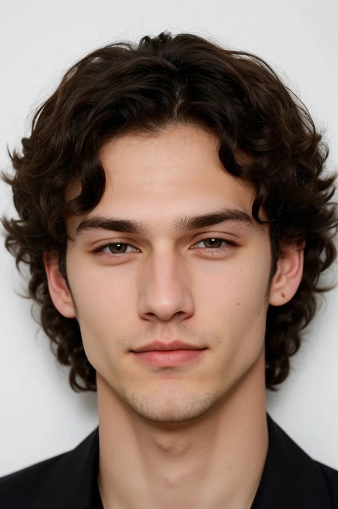 Very handsome white-skinned man with very fluffy, somewhat curly hair and light brown Western eyes without dark circles. That he is shaved. long nose, very thin and straight. Horizontal and close-set ears. long black eyelashes. Thin lips with dimples. Dark lower lashes.