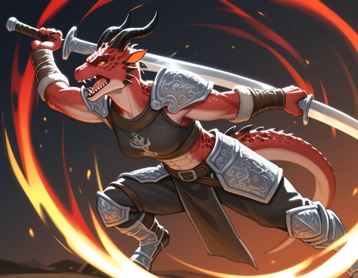 Solo, score_9,score_8_up,score_7_up, kemono style, Anthro Argonian female from skyrim, Anthro reptile girl, snout, red scaled skin, glowing red eyes, black lips, black horns, black curved ram horns, athletic body, and, wearing metal barbarians armor, barbarian boots, holding a great sword, swinging around a giant sword, simple background, dynamic action effects, screaming, snarling,