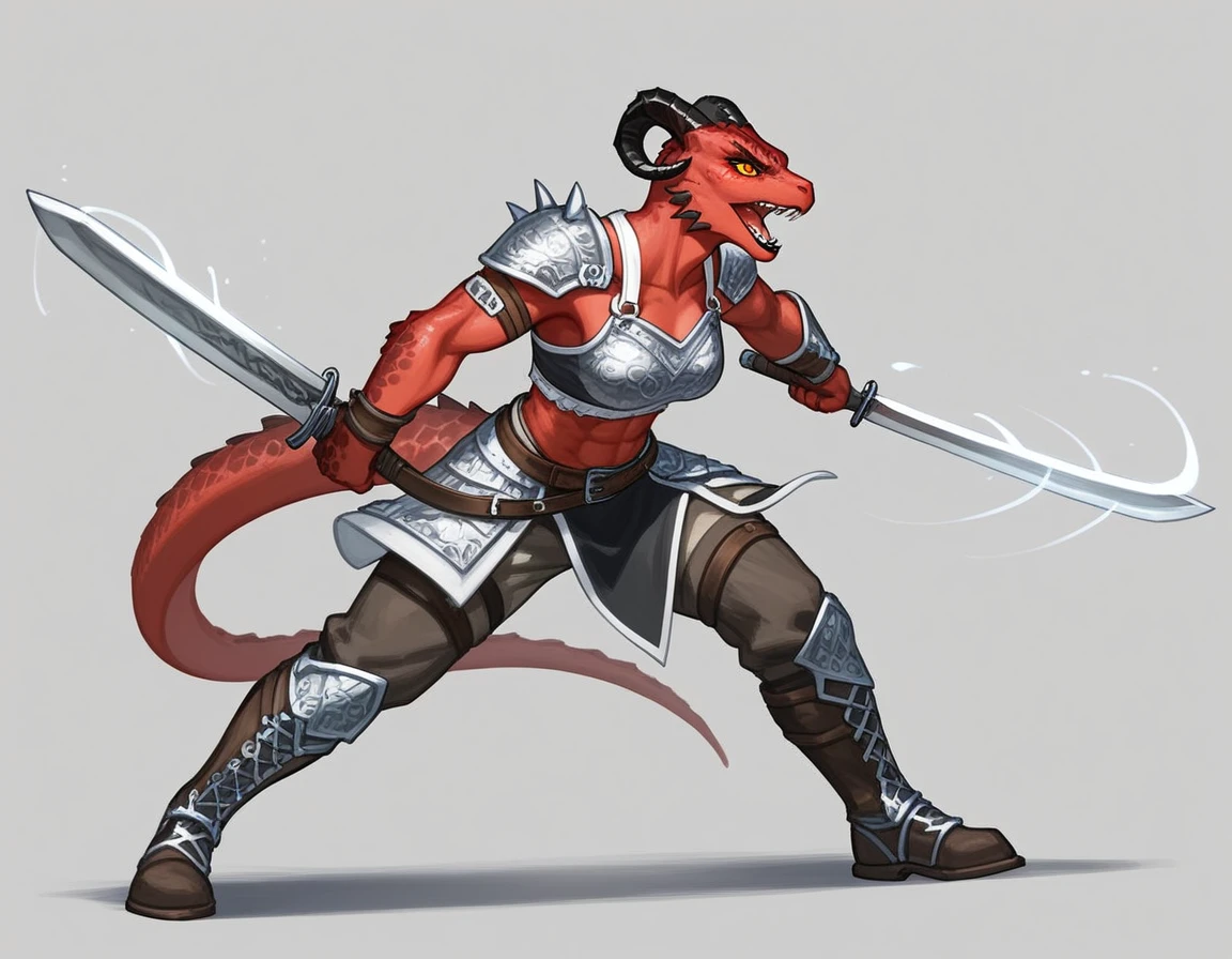 Solo, score_9,score_8_up,score_7_up, kemono style, Anthro Argonian female from skyrim, Anthro reptile girl, snout, red scaled skin, glowing red eyes, black lips, black horns, black curved ram horns, athletic body, and, wearing metal barbarians armor, barbarian boots, holding a great sword, swinging around a giant sword, simple background, dynamic action effects, screaming, snarling,