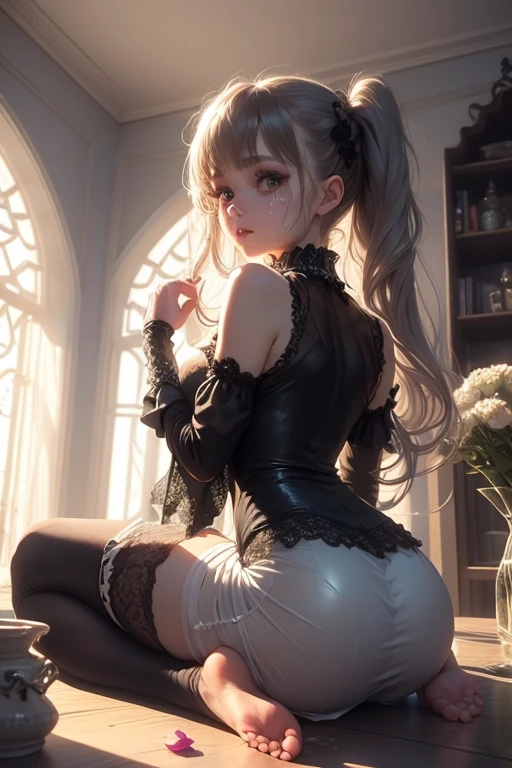 Big eyes、Black Room、Stained Glass Windows、Vase with roses、Lace curtains、夜中
The whole body is wet、An excited look、Dark Gothic Makeup、Dark Metal、Large margins、Patchy duplex、Eyes prone to black eyes、Long eyelashes、cute、
room made of stone girl、Gothic dress with collar、Knee-high socks、Twin tail hair、Beautiful and detailed eyes、Beautiful and detailed lips、High resolutionの顔、Long eyelashes、Cinematic composition、(Highest quality)、4K、8K、High resolution、masterpiece:1.2)、Super fine、sitting、Bold Pose、Moisturized skin、Sweaty、barefoot、Trance、Embarrassing、Masochistic、Blushing、Embarrassed、Trance expression、look back、Protruding buttocks、Distorted facial expressions、Flowing Tears、Soaking wet。Twin tail hair、Chained