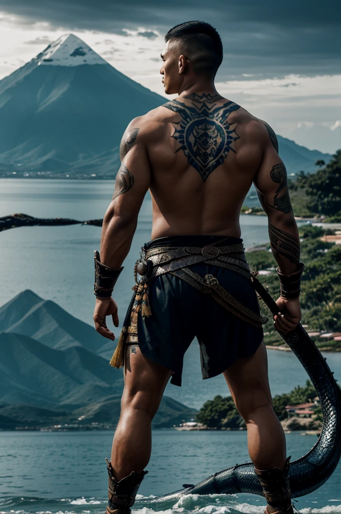 Generate me an image. This is the prompt: a Filipino Warrior 600 years ago with tattoos on his body facing at the back of the photo. Behind him are 2 mountains surrounded with darkness. Add a Sea Serpent in the distance too that is not easily seen.