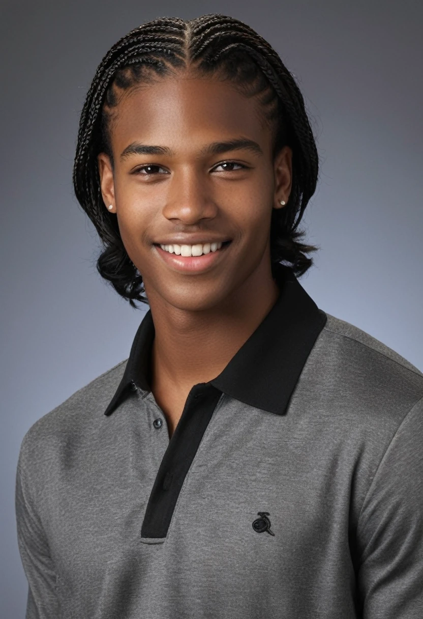 16 year old teenage boy, very dark black skin, brown brown eyes, rectangular face, shoulder-length curly medium black hair with stylish nagô braids, thick lips, double chin, defined jaw, convinced smile, stylish, appealing, Masculine Energy, sensuous, extremely pretty, young boy, Adam&#39;s apple prominent on the neck, leather bomber jacket with metal details, button-down shirt under the jacket, Sweatpants, wearing sports shoes, combining neutral tones with vibrant colors, silver rings with geometric notches inspired by African culture, chain necklace with cross pendant, braided leather bracelet, colorful bead bracelets, Erect and confident posture, broad shoulders and a well-defined silhouette, You can notice the definition of your muscles even in loose clothing, in a large garden with a mansion in the background of the image, photographic, aesthetic.