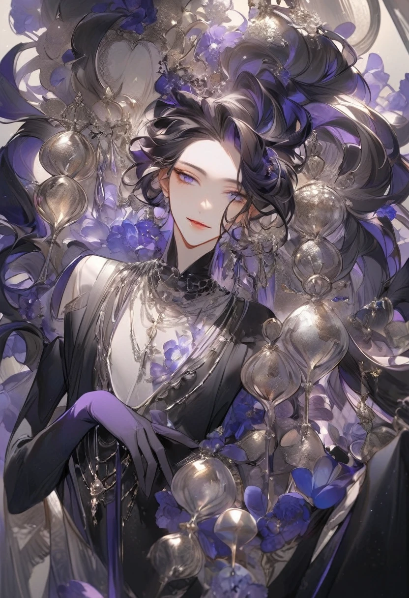 Feminine boy, soft womanish facial features, smile, squinted siren dark blue eyes without glare, silver and dark purple long loose hair with straight bang, fantasy black clothes with blue and purple elements, long black gloves, model, gorgeous, elegant, lots of silver jewelry, flowers in his hair, skinny body, hourglass figure, light lipstick