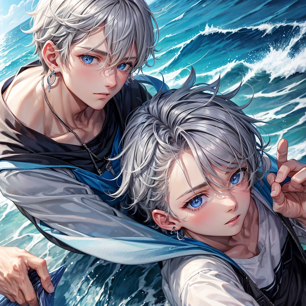 Gray Hair、blue eyes、boy、Earrings、Beautiful Boy、surfing