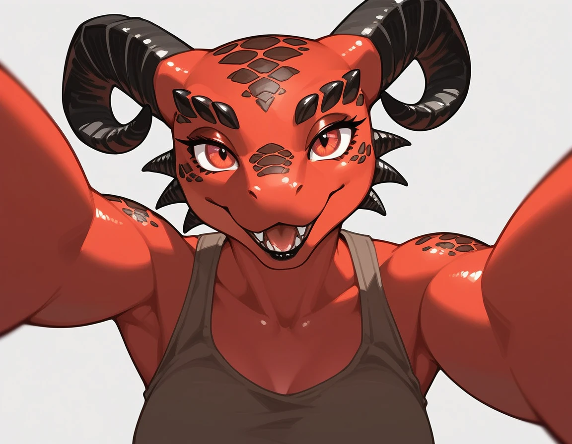 Solo, score_9,score_8_up,score_7_up, kemono style, Anthro Argonian female from skyrim, Anthro reptile girl, snout, red scaled skin, red eyes, black lips, black horns, black ram horns, athletic body, smiling, wearing brown tank top, pov, pov she is holding viewers face, simple grey background