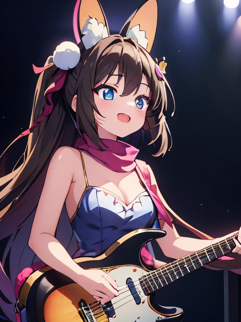 ((masterpiece)), ((best quality)), (ultra-detailed), anime style, Live performance venue, a cute girl, 1girl, solo, playing the guitar00, bunny girl00, ((beautiful eyes))0, smile