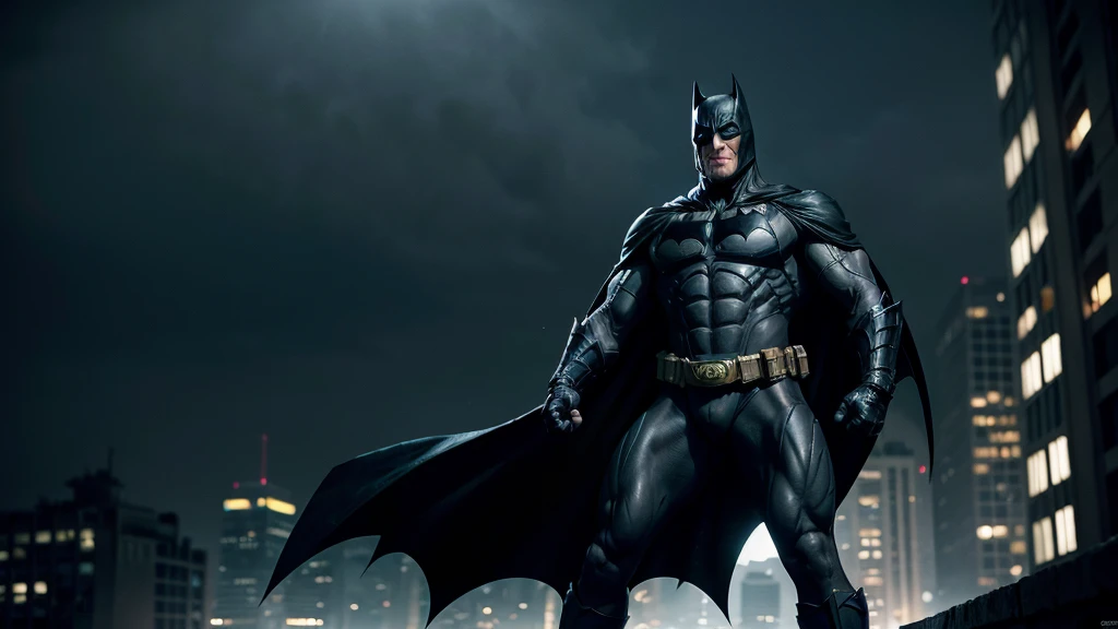 Creates a realistic, dark image of an older Batman inspired by the comic 'The Dark Knight Returns'. He displays a full-body action pose of a grey-haired and muscular Batman, his suit worn from years of battle. Batman must be on top of a building, gliding with his cape, throwing a batarang, or hanging from a rope. He highlights the age lines on his face, showing his determination and experience. The background should be a dark and gloomy Gothic city, with dramatic lighting that emphasizes the intensity of the scene. Capture the epic, almost mythical nature of an aging Dark Knight still fighting for justice.