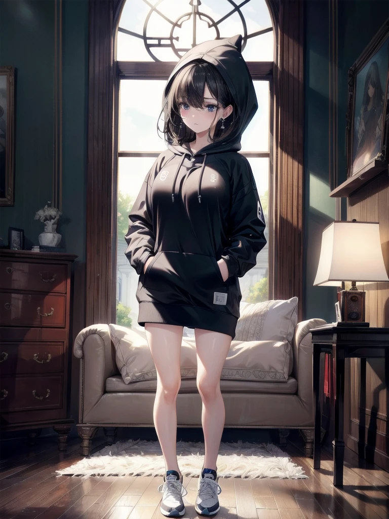 absurdres, RAW photo, extremely delicate and beautiful, masterpiece, Best Quality, ultra high resolution, 32k, hyperrealistic, ultra-detailed, delicate facial features, beautiful detailed woman, tearful mole, earring, medium breasts, (full body shot), medium hair, black hair, hoodie, sportswear,