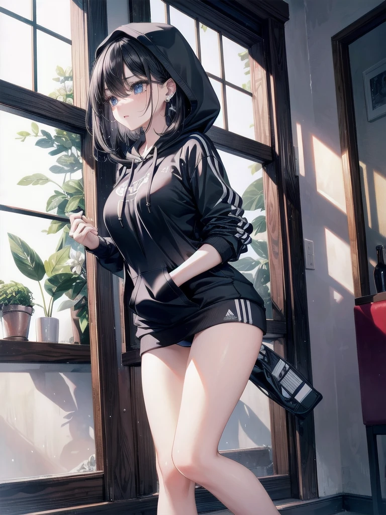 absurdres, RAW photo, extremely delicate and beautiful, masterpiece, Best Quality, ultra high resolution, 32k, hyperrealistic, ultra-detailed, delicate features, beautiful detailed woman, tearful mole, earring, medium breasts, (full body shot), medium hair, black hair, hoodie, sportswear,