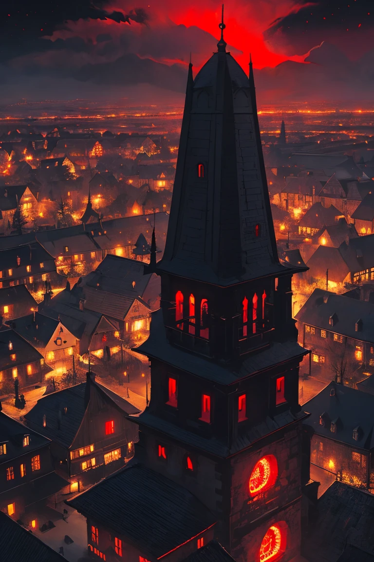 old European village shot with bird view, (Red glowing eyes), masterpiece, Depth of written boundary, Lutz, Gwaites style artwork, Gothic aesthetics, Dark Vampire village, ((in the dark gothic style cathle:1)), ((dark mid-night time:1.5)),