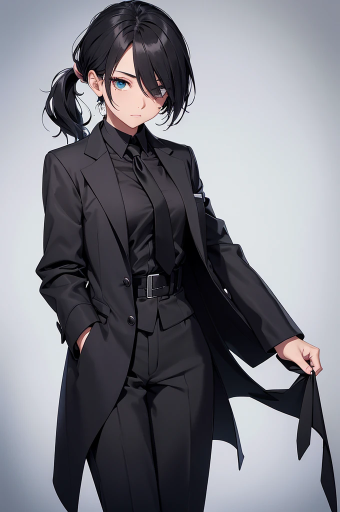 It has a common female body, nothing too exaggerated, but also not tabua, far away, typically tied in a ponytail, but it also has a little covering the right eye, being bluish-black in color. Right eye is green and left eye is blue, having a knife scar on his right eye. More social style clothes, with a white blouse, black necktie, a coat over, Petro too, dress pants too. black gloves, and a black boot. fully body