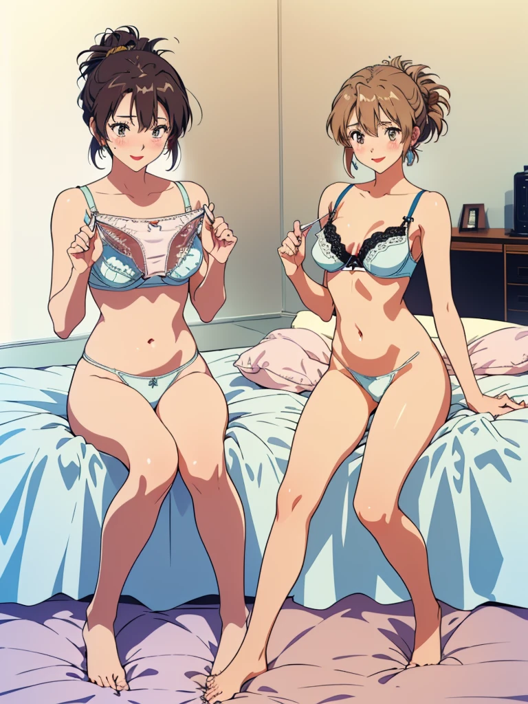 masterpiece, top quality, ultra detailed, ((((AIKA_SUMERAGI, folded ponytail, best anatomy, in underwear, (panties, elaborately designed luxury panties for adults, panties high definition images, draw panties with super precision), lace trimmed bra, extremely detailed texture, earrings, red lip, embarrassed, blush, smile)))), cowboy shot, (((underwear in bed room))), white skin, (presenting panties), (display panties),holding panties with both hands,(panties taken off:1.5), (panties are on bed:2.0), from above