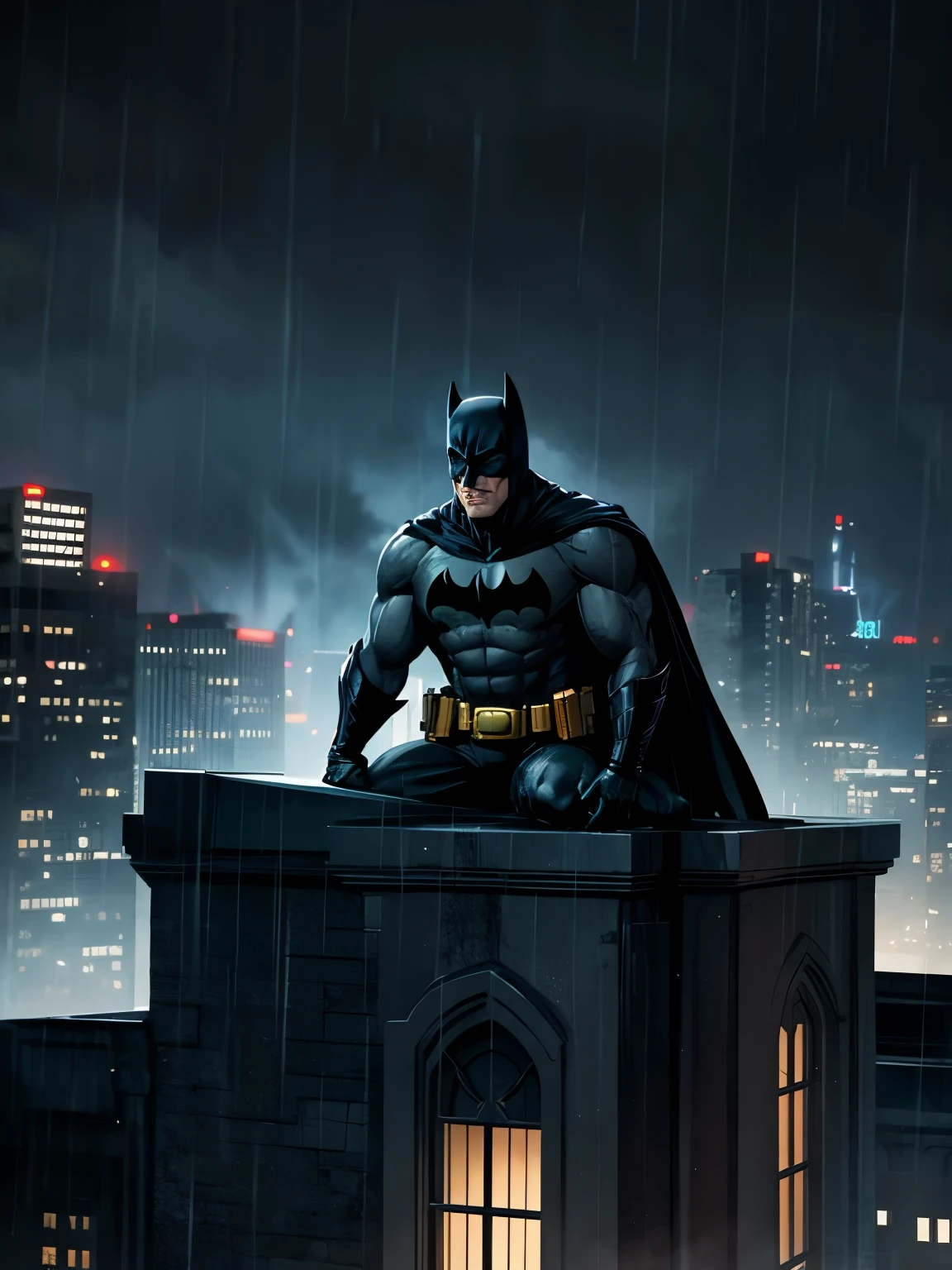 Batman on top of a building , Chove forte , dark evening , grimdark