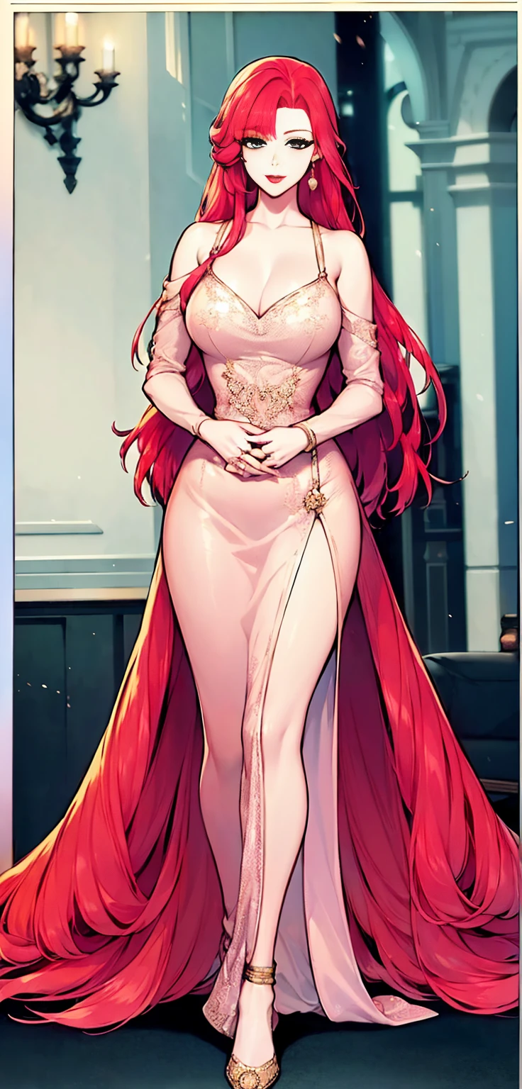 (((full body photo))), ((Red hair, long hair)),woman, red hair, woman with makeup red lips, long dress, noble dress, princess, aristocrat.