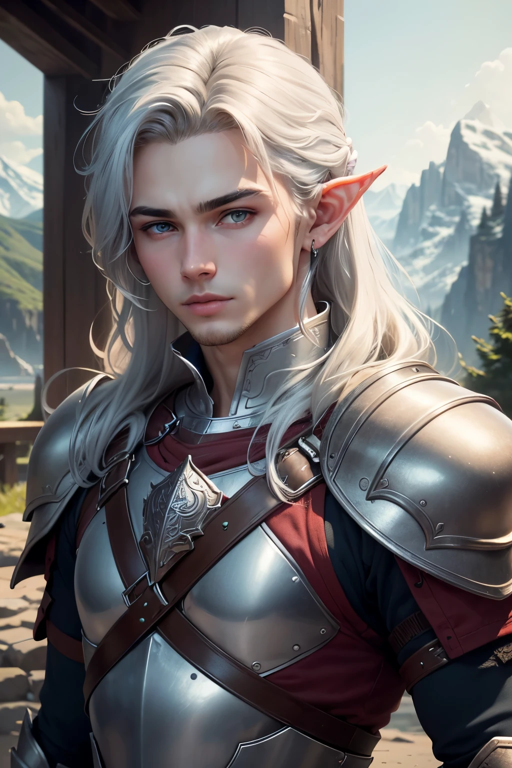 ((best qualityer)), ((work of art)), (detailded), ((best quality)), ((masterpiece)), (detailed), Prize-winning works, with incredible details, maximum textures and details, uhd ,8K,super resolution ,depth of field, retina, masterpiece, anatomically correct, textured skin, super detail, high details, highres ,1 Male elf fantasy warrior adventurer ,long gray hair ,rosto ultra detailded ,blue colored eyes, wide chin , wearing light adventurer armor , gray gauntlets and gloves, red breastplate, long white and silver cape ,fully body, olhos penetrantes hiperdetaildeds , olhos detaildeds ,white light armor(25 year old young man :1.1,olhos detaildeds, rosto detailded, whole body:1.1,the bottom is a valley ,mountains and forest ),(best qualityer:1.2,ultra-detailded:1.1,realisitic:1.37) ,eyeshadows, sharp focus, swirly vibrant colors,)