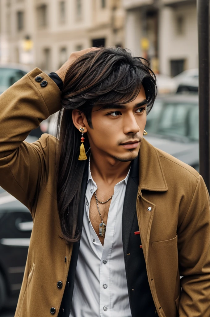 1 chico, Alone, superior_body, frinte_vista, look_in_vistaer, Masterpiece, Best Quality, hits, negro_gloves, negro_Hair, Brown_Hair, gradiint_Hair, neck_shirt, earrings, Eyebrows_visible_Through_Hair, Formal, gloves, Hair_intre_eyes, tinincia, chino_Clothes, Jacket, jewelry, long_Hair, long_sleeves, male_infocar, multicolor_Hair, Horse tail, Single_arete, It lasts, tassel, tassel_earrings, yellow_eyes, zhongli_\(ginshin_Impact\)