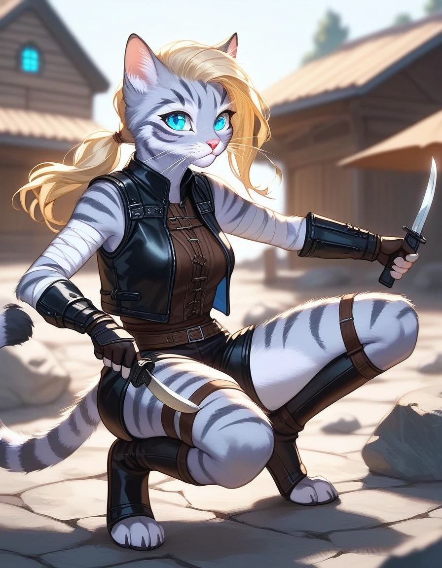 Solo, score_9,score_8_up,score_7_up, source_cartoon, kat, Anthro furry feline, female, tall slender body, long blonde hair, long undercut hair, pink nose, blue eyes, white whiskers, silver fur, grey stripes, furry body, wearing black cloth vest, black leather medieval vest, black short shorts, adventuring gear, feet wrapped in bandages, outdoors, nighttime, squatting, assassins pose, holding a combat knife, eyes glowing blue, on a rock,