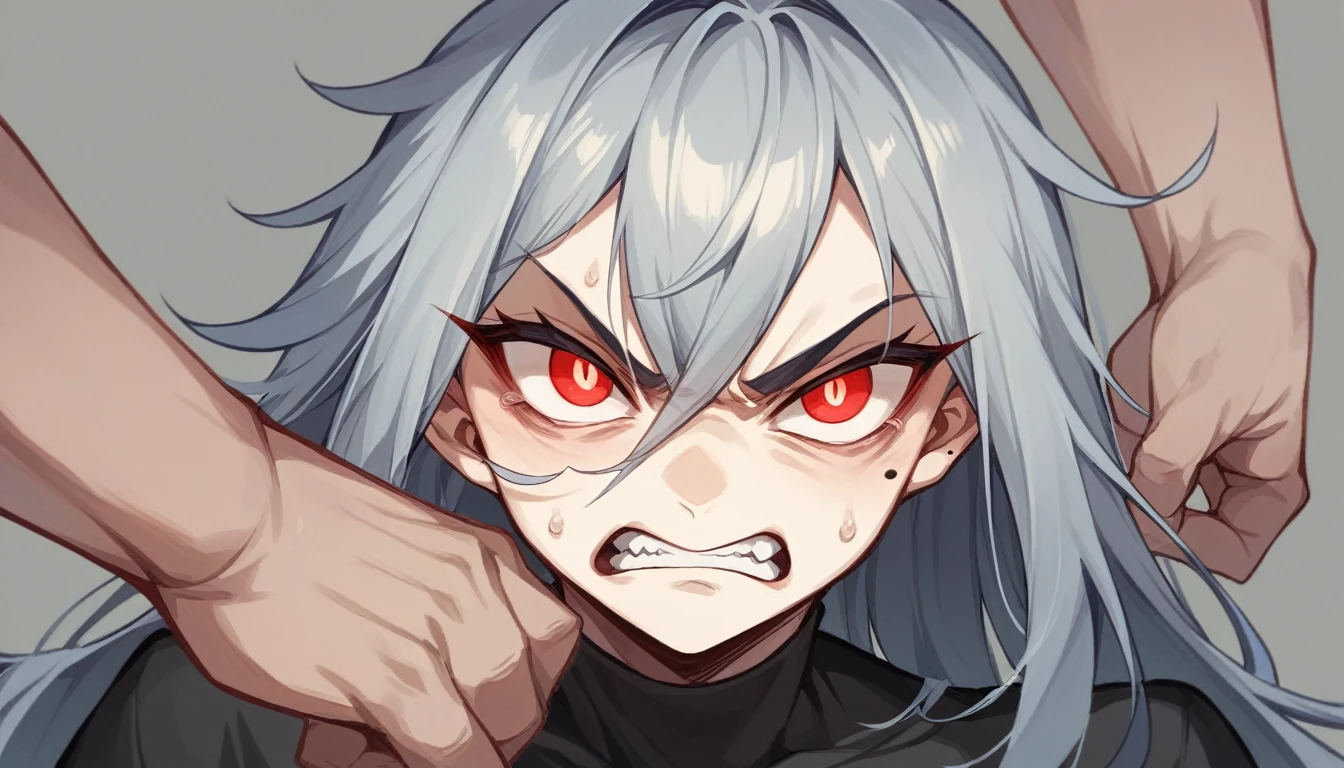 Teen Girl Characters。gray hair color、Glowing red eyes、Long Hair、There is a mole under the left eye。Frowning、An angry expression with sharp eyes。On a transparent background、Depict people only。