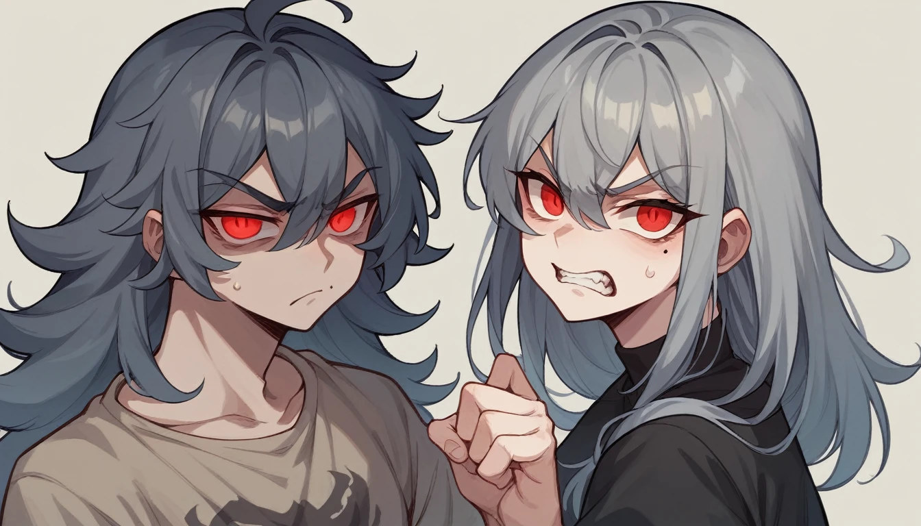 Teen Girl Characters。gray hair color、Glowing red eyes、Long Hair、There is a mole under the left eye。Frowning、An angry expression with sharp eyes。On a transparent background、Depict people only。