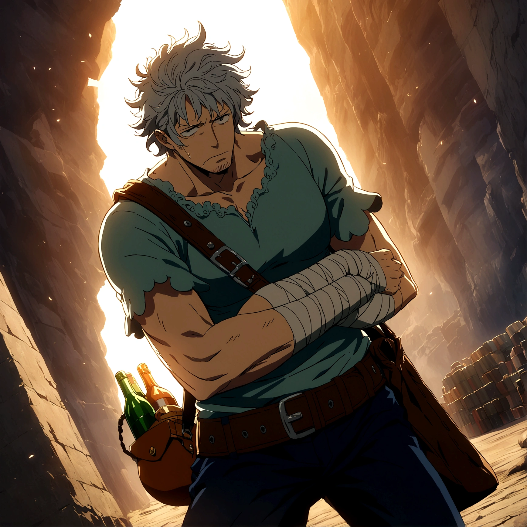 35-year-old man, unkempt appearance, small and stocky build, disheveled hair and shrewd eyes, tired look due to drinking, hands wrapped in bandages, simple and worn clothing consisting of a short tunic, trousers and light boots, carries a small leather bag attached to his belt, probably filled with small bottles of liquor, "Anime design inspired by One Piece, filled with dramatic and impressive lighting, infused with creative details, ultra-fine 2D design, scenery bathed in creativity, boasting 2D anime resolution clarity, HD anime graphics, high-octane rendering"