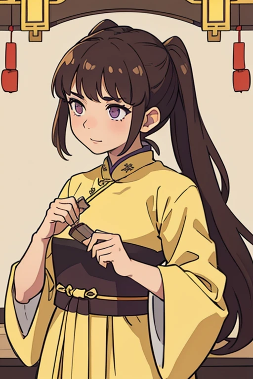 ( Best Quality, ancient china, A girl), loose hair, Brown hair, tender lilac eyes, yellow hanfu