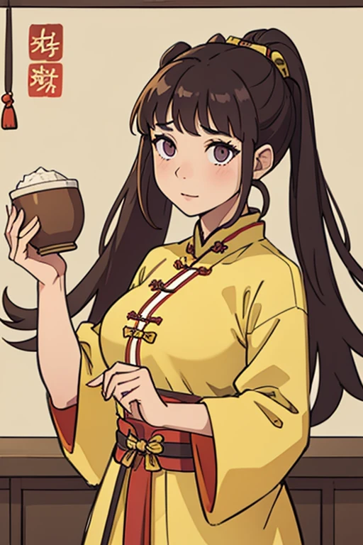 ( Best Quality, ancient china, A girl), loose hair, Brown hair, tender lilac eyes, yellow hanfu