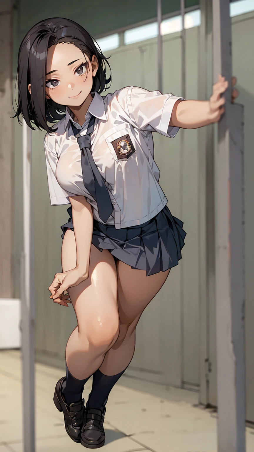 1 woman, 17 years old, black curly bob hair, plump body, black eyes, Indonesian high-school uniform, white shirt, osis logo on shirt pocket, small big breasts, grey pleated skirt, full body shot, smiling, in the classroom, naked, Momo Yaoyorozu | My Hero Academia