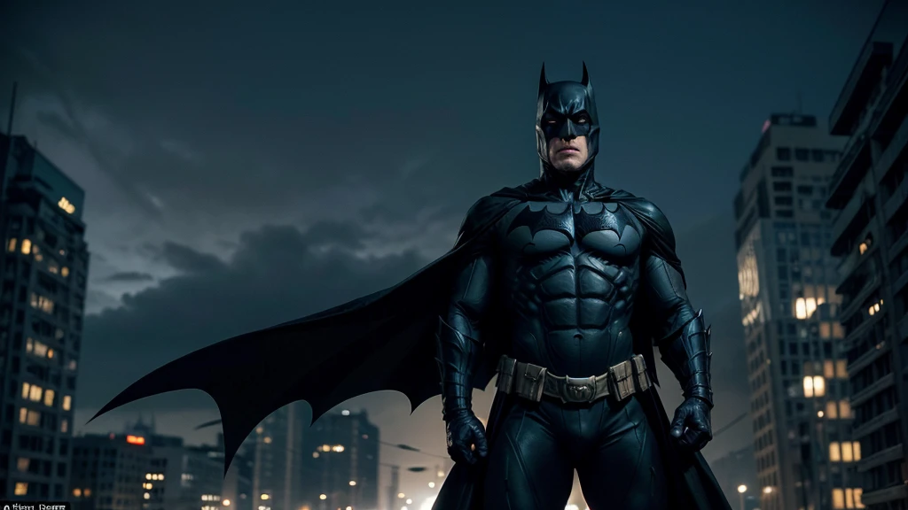 Creates a realistic, dark image of an older Batman inspired by the comic 'The Dark Knight Returns'. He displays a full-body action pose of a grey-haired and muscular Batman, his suit worn from years of battle. Batman must be on top of a building, gliding with his cape, throwing a batarang, or hanging from a rope. He highlights the age lines on his face, showing his determination and experience. The background should be a dark and gloomy Gothic city, with dramatic lighting that emphasizes the intensity of the scene. Capture the epic, almost mythical nature of an aging Dark Knight still fighting for justice.